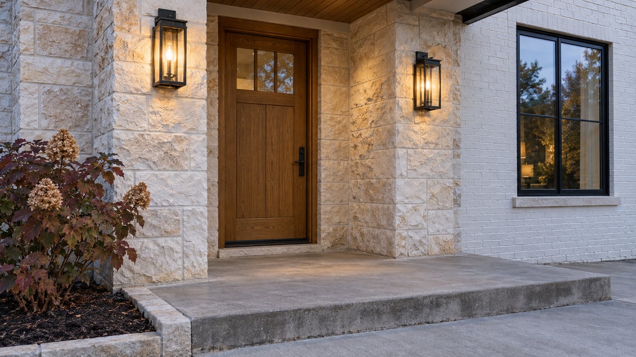An oak front door recessed in pale limestone, with warm lanterns, white painted brick, and autumn oakleaf hydrangea beside the concrete entry.