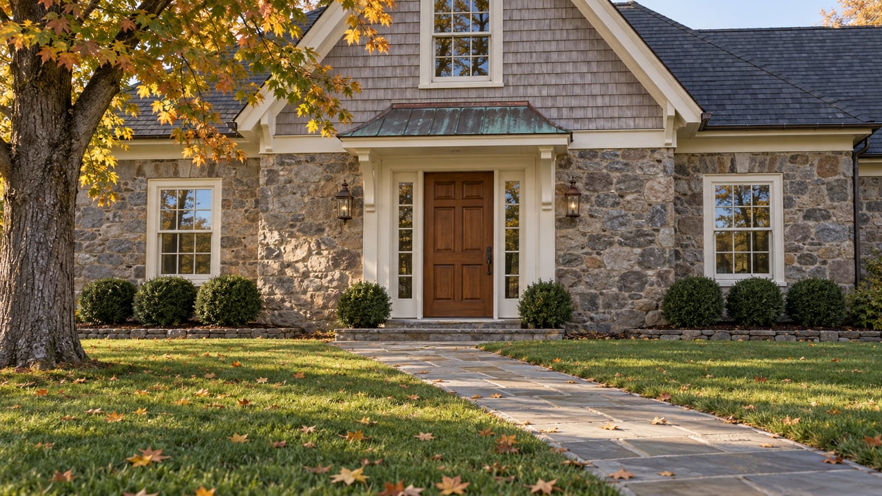 Fieldstone and cedar-shingle home with an oak entry door, flagstone approach and amber maple foliage above a broad lawn.