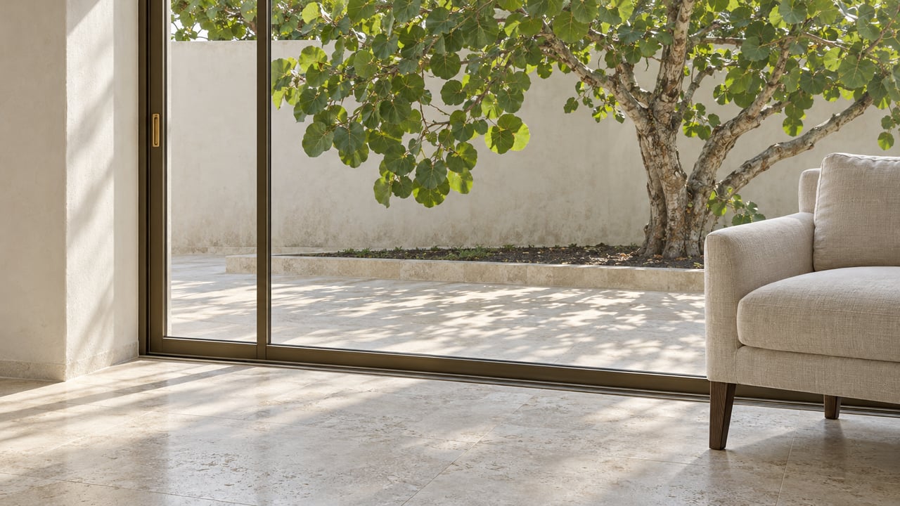 Sunlight enters a limestone-floored living-room corner through closed glass beside a cream linen chair and a planted courtyard.