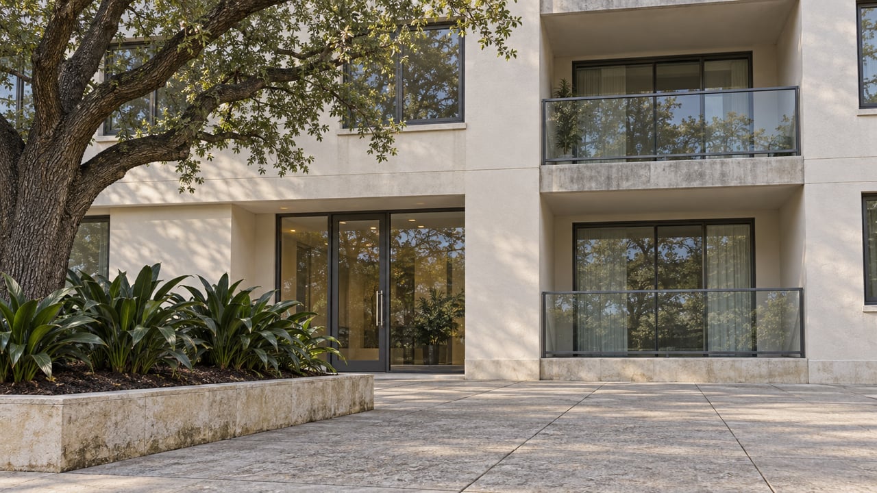 Light stucco condominium facade with recessed glass-fronted balconies, a closed glazed entrance, and a live oak beside a limestone planting bed.