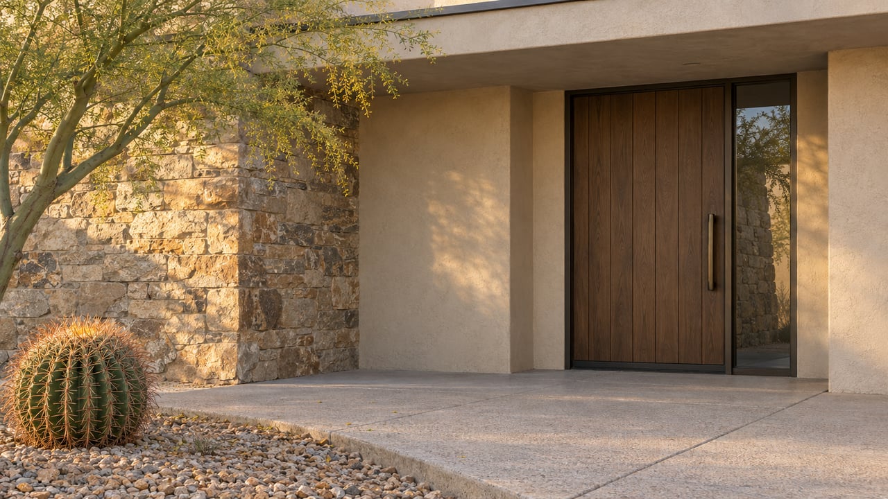 Sheltered desert home entry with sand-colored stucco, buff stone, a timber door and a barrel cactus beside the concrete approach.