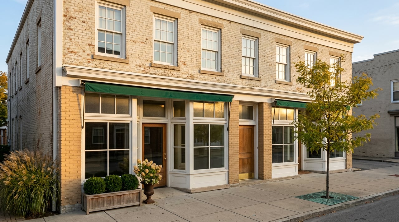 Downtown mixed-use building with multi-pane storefront windows, forest-green awning, white upper windows, and honeylocust.