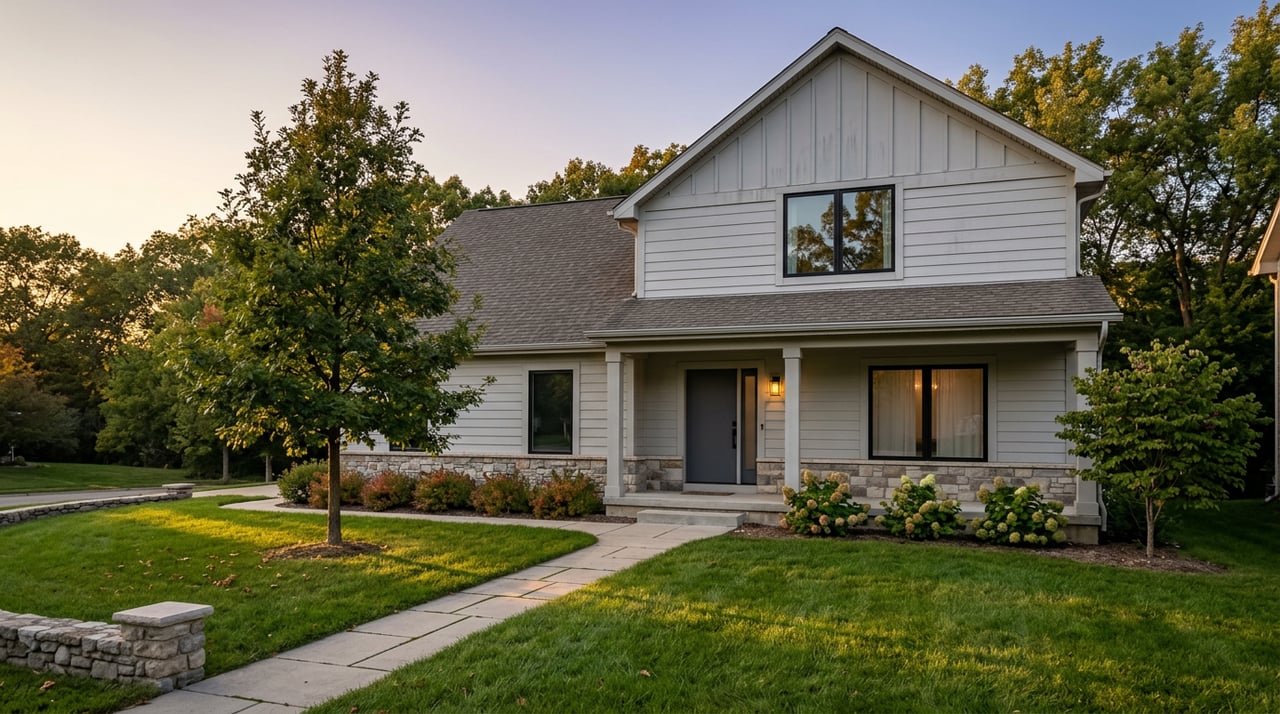 Two-story home, curved paver walkway, fieldstone wall, mature oak, and glowing porch light at dusk.