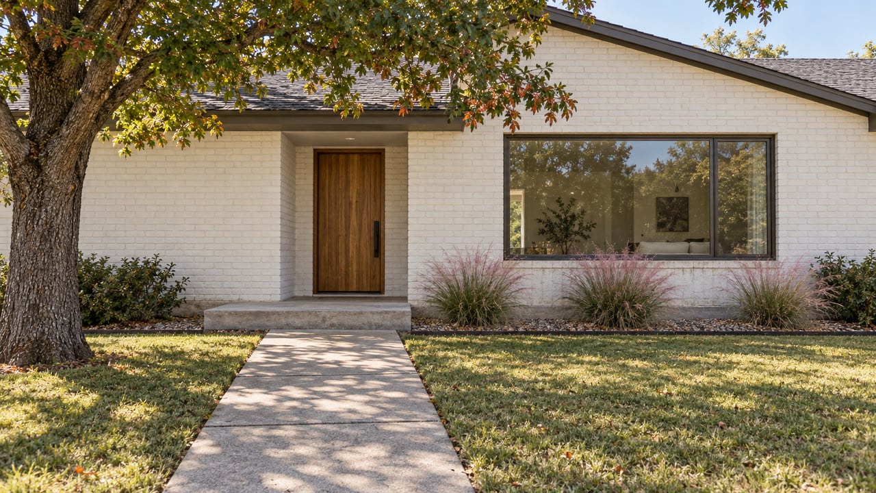 Low-gabled white brick home with an oak front door, dark-framed picture window and concrete approach across an autumn lawn.
