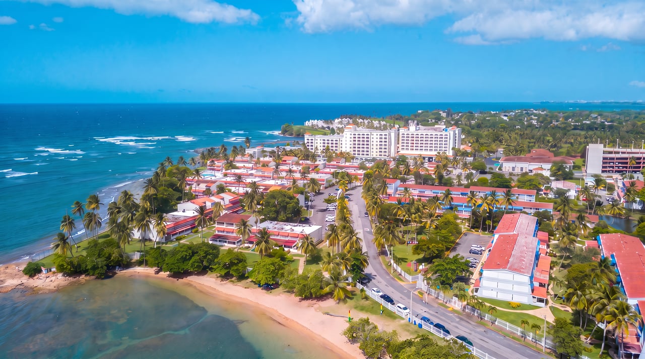 Aerial view of beachfront homes and palm trees beside a sandy cove and blue ocean.