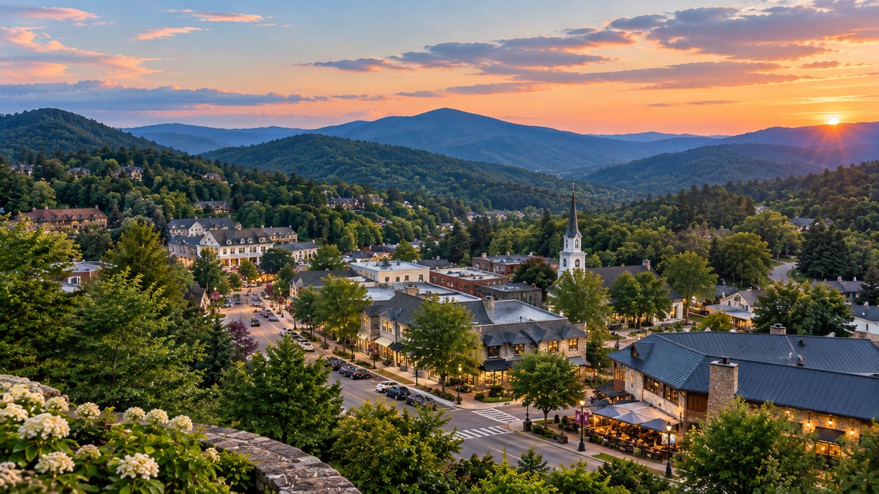 Mountain town with a church steeple and tree-covered hills at sunset.