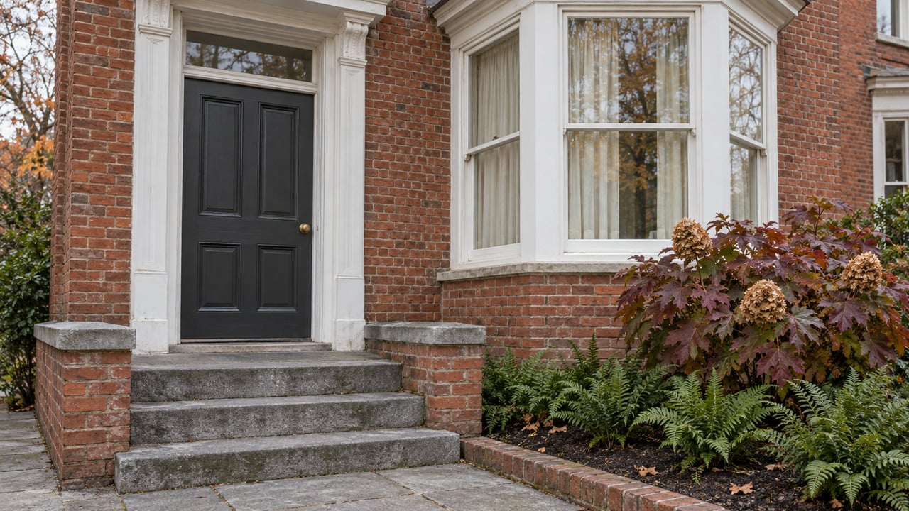 An established red-brick home's raised stone entry beside a white-trimmed bay window and autumn oakleaf hydrangea.