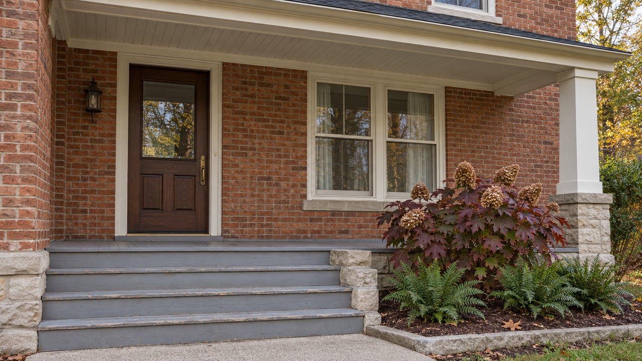 An autumn porch with red brick walls, a brown oak front door, cream-framed windows and oakleaf hydrangea beside four painted steps.