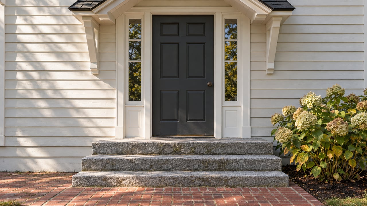 Clapboard home entrance with a charcoal door, paired glass sidelights, worn granite steps and a flowering hydrangea beside the brick walk.