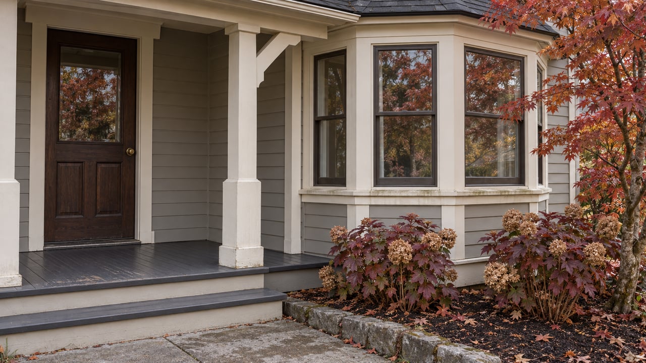 Gray clapboard home's sheltered timber entry and projecting sash-window bay, framed by red vine maple leaves and burgundy oakleaf hydrangeas.