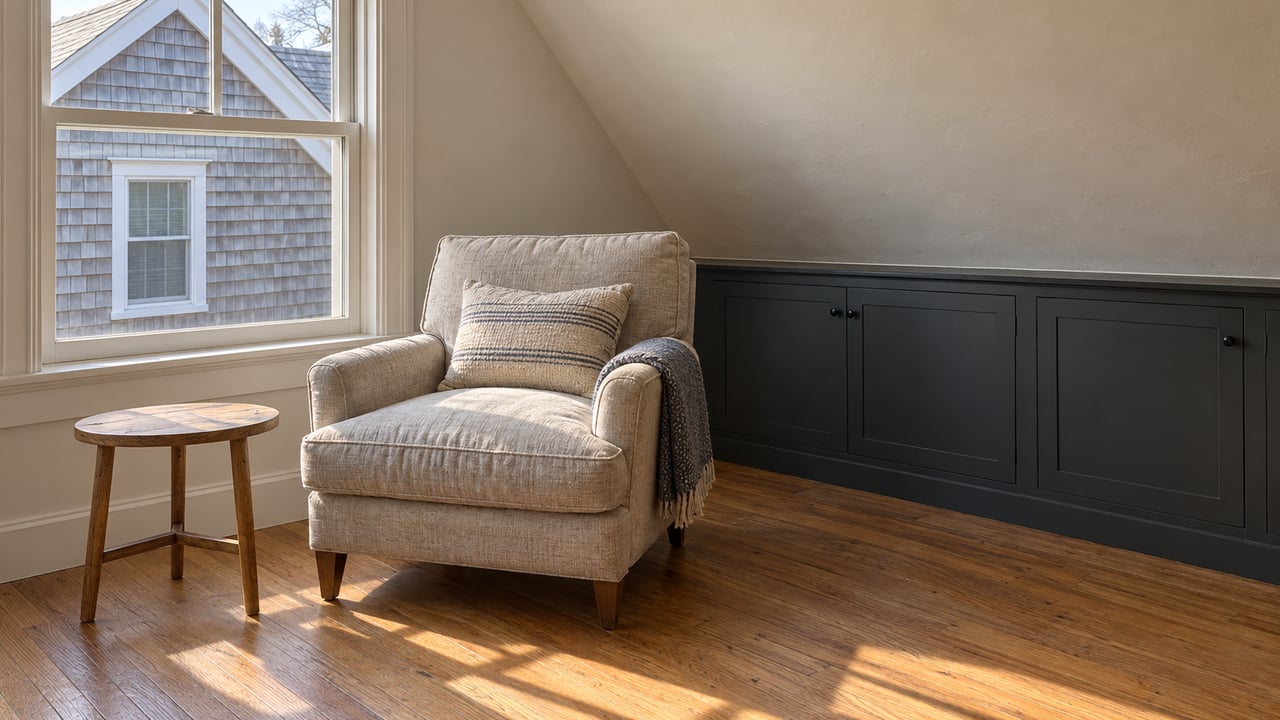 Sunlit upstairs sitting room with an oatmeal linen armchair, oak floor, charcoal built-in cabinet and a closed window overlooking a neighboring shingled house.