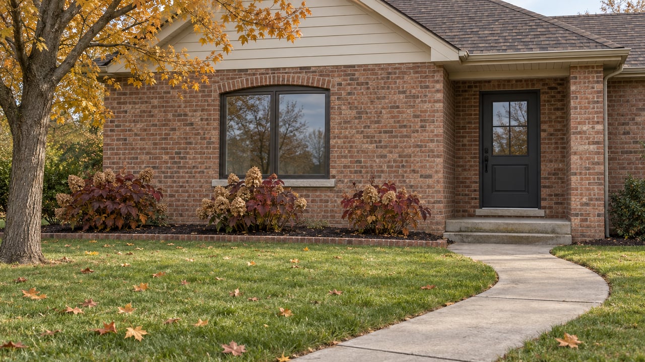 An autumn lawn and curved concrete walk lead to a well-kept brick home with a recessed entry, dark-framed window and ochre maple foliage.