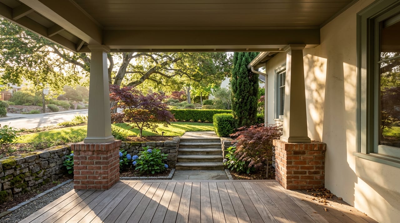 Shaded stucco porch frames stone steps, a cypress, burgundy maples, and an oak canopy.