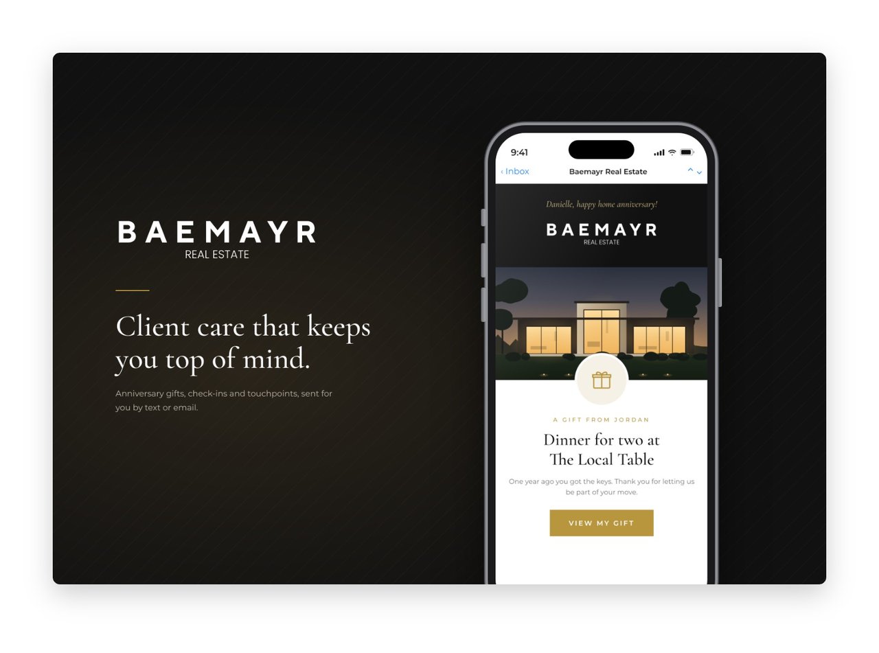 Home anniversary gift email from Baemayr Real Estate shown on a phone