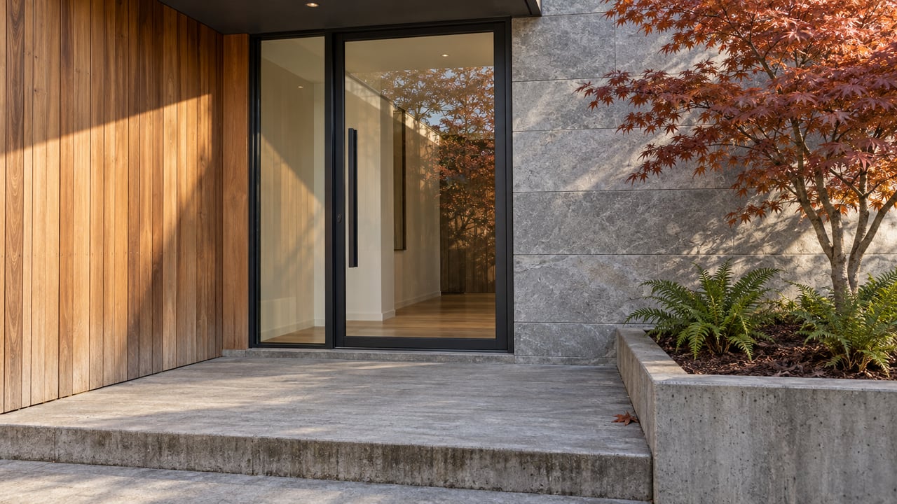 Contemporary residential entrance with cedar siding, gray limestone, a black-framed glass door and a Japanese maple beside a concrete landing.