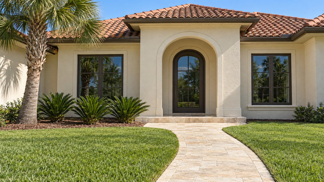 Ivory stucco home with a terracotta tile roof, arched glazed entry, limestone approach, broad lawn and a mature fan palm.