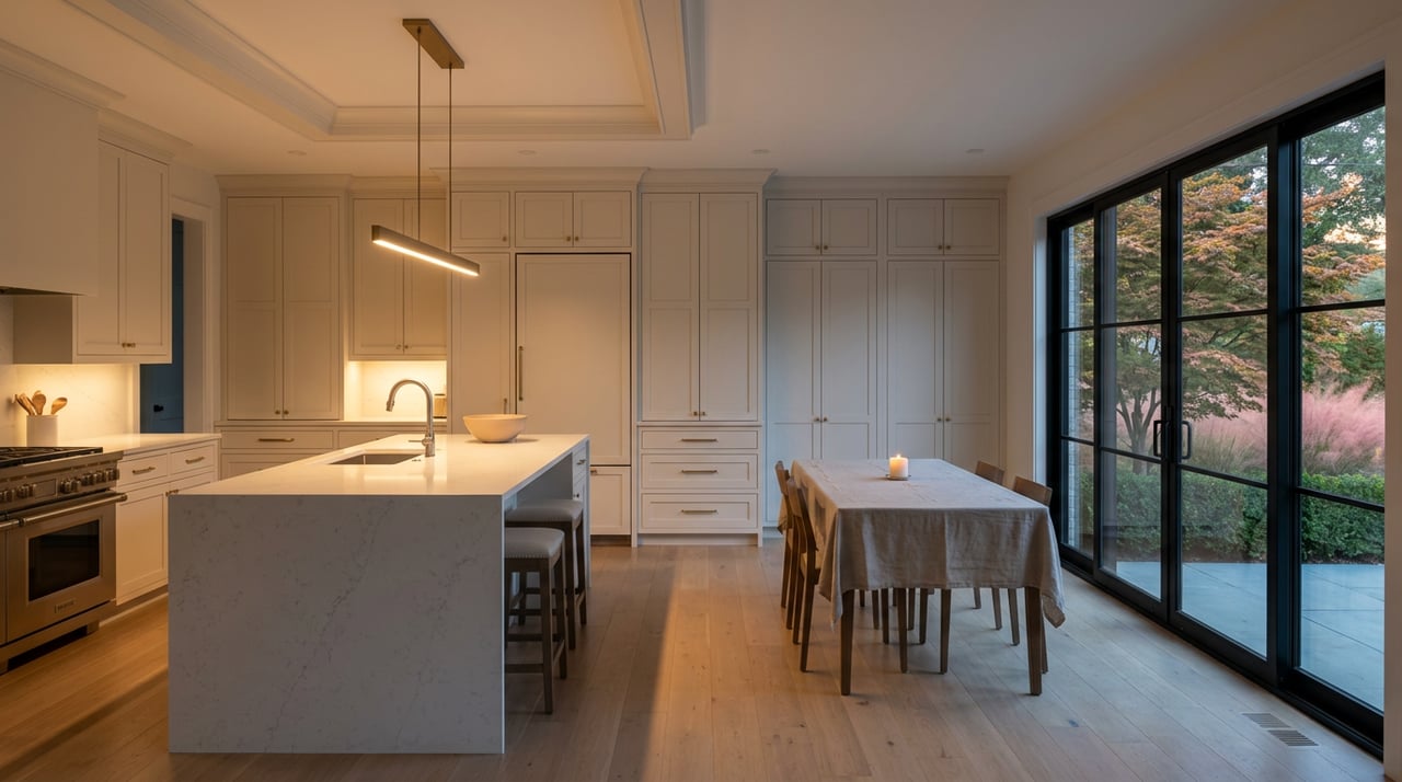 Open kitchen with a white quartz island, dining nook, and black-framed sliders overlooking a planted patio at dusk.