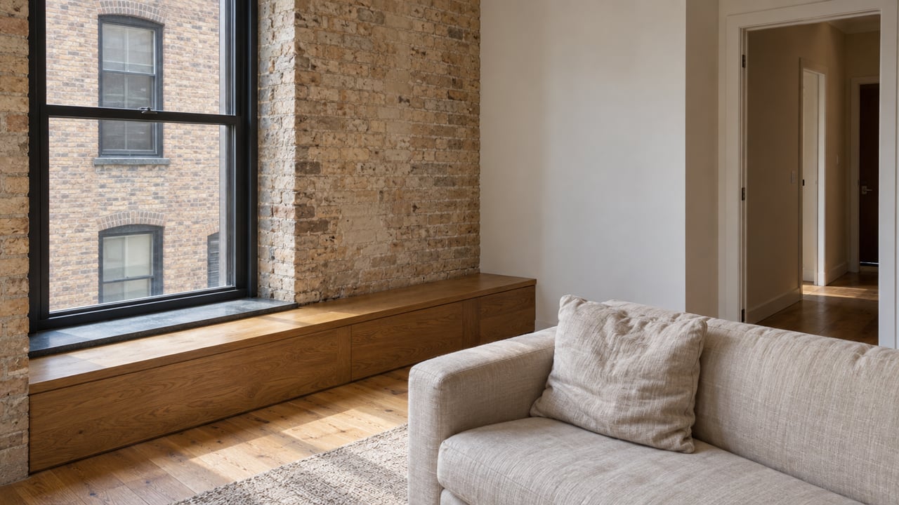 Apartment living corner with an oak bench, linen sofa, and tall steel-framed window facing a close brick building.