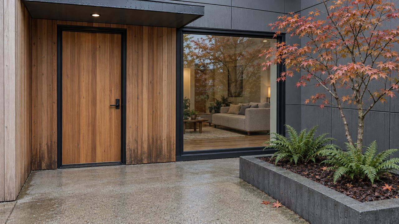 Rain-darkened cedar entrance beside black-framed glazing, a concrete landing, and a vine maple with autumn leaves.