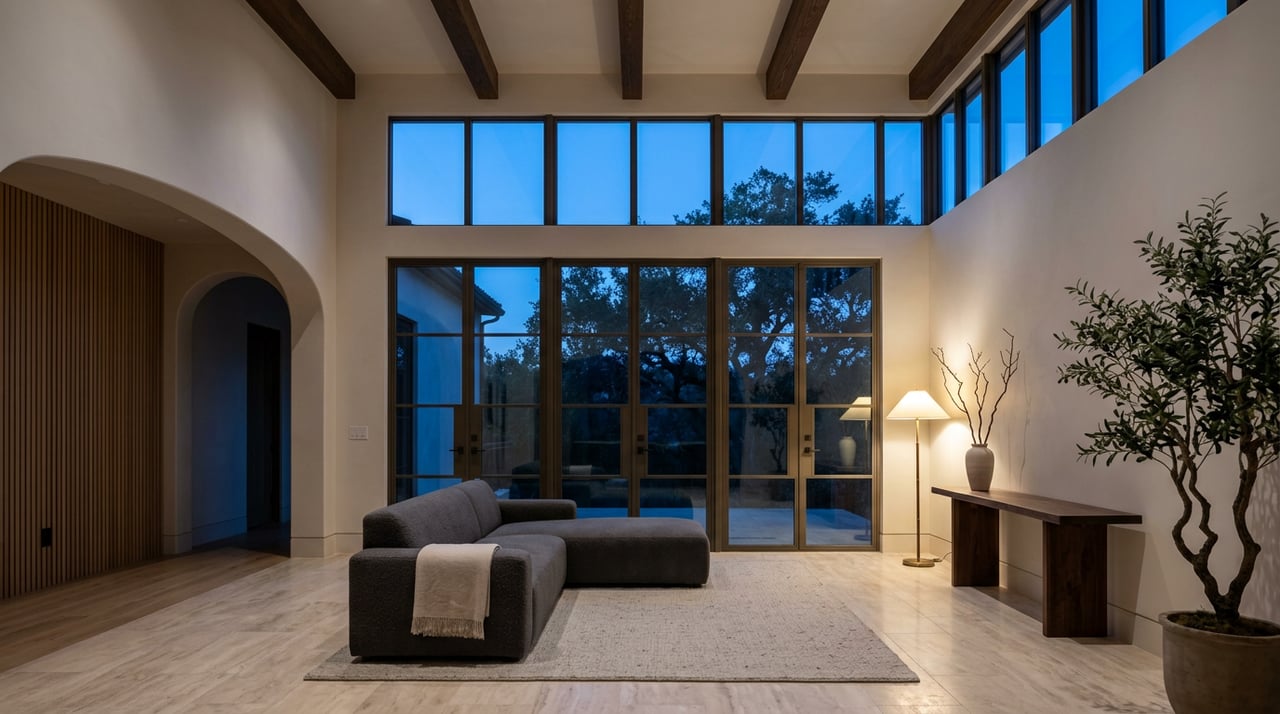 Spacious great room with a charcoal sectional, walnut beams, and a tall window wall framing oak branches at dusk.