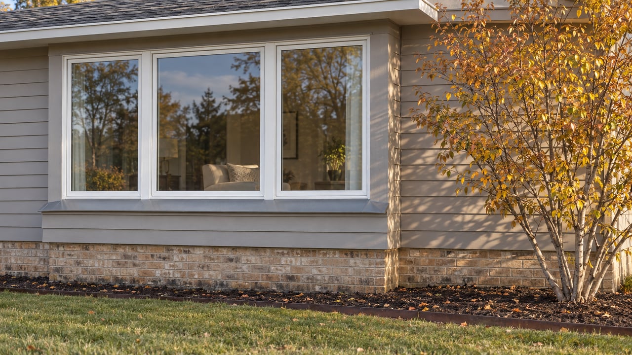 Close exterior view of a three-panel living-room window, warm gray siding, buff brick foundation and an autumn serviceberry beside a lawn.