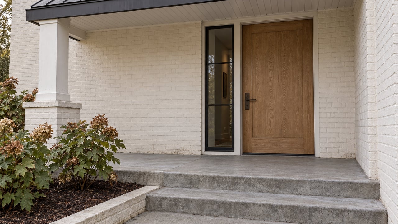 A sheltered painted-brick home entrance with an oak door, concrete porch steps and oakleaf hydrangeas.