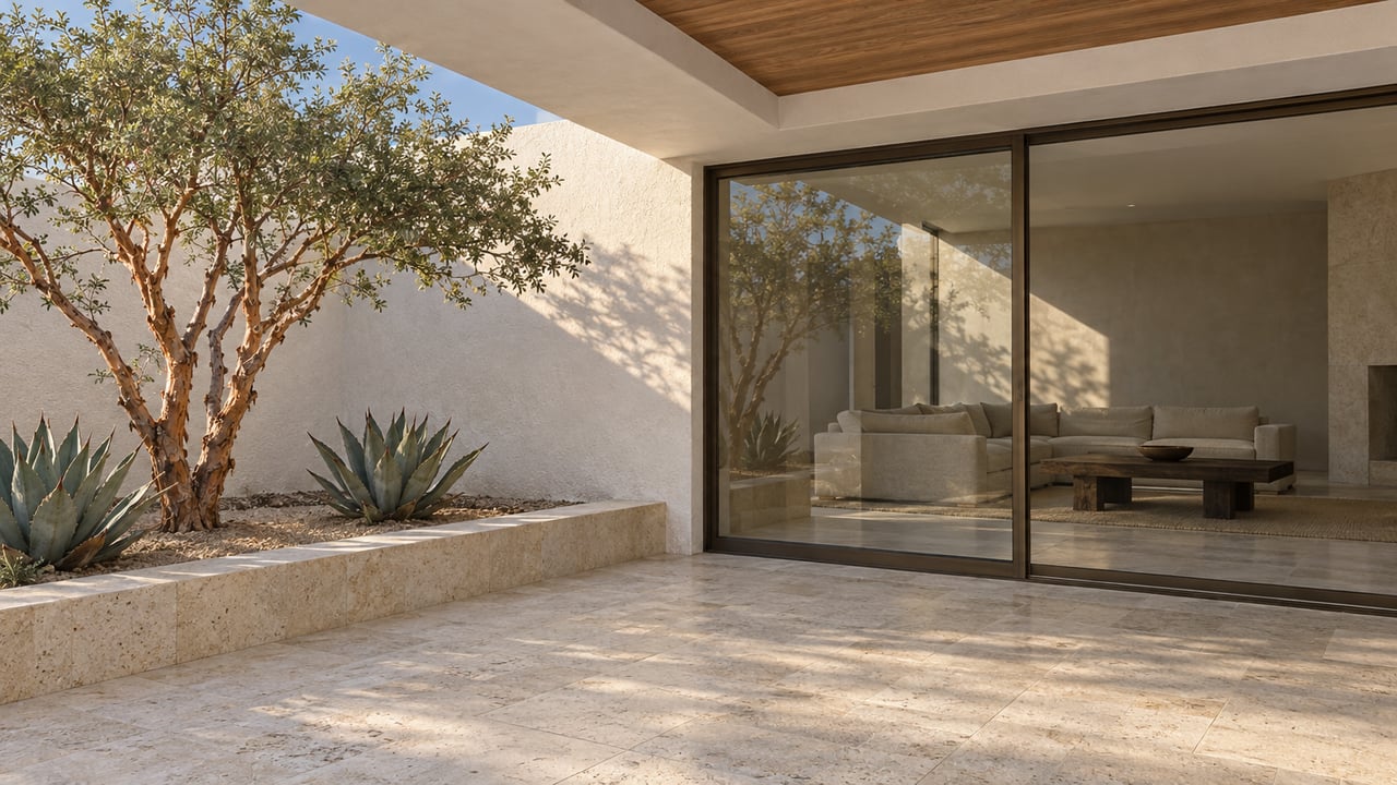 White stucco villa courtyard with limestone paving, bronze-framed living-room glazing and sculptural desert planting.