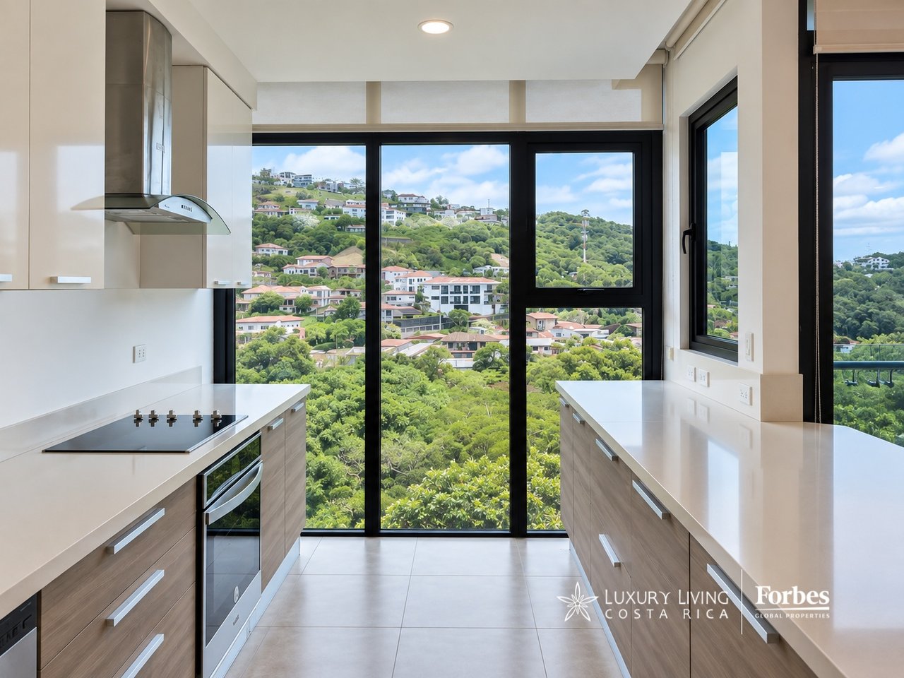 Modern kitchen with floor-to-ceiling windows overlooking a green, home-dotted hillside.