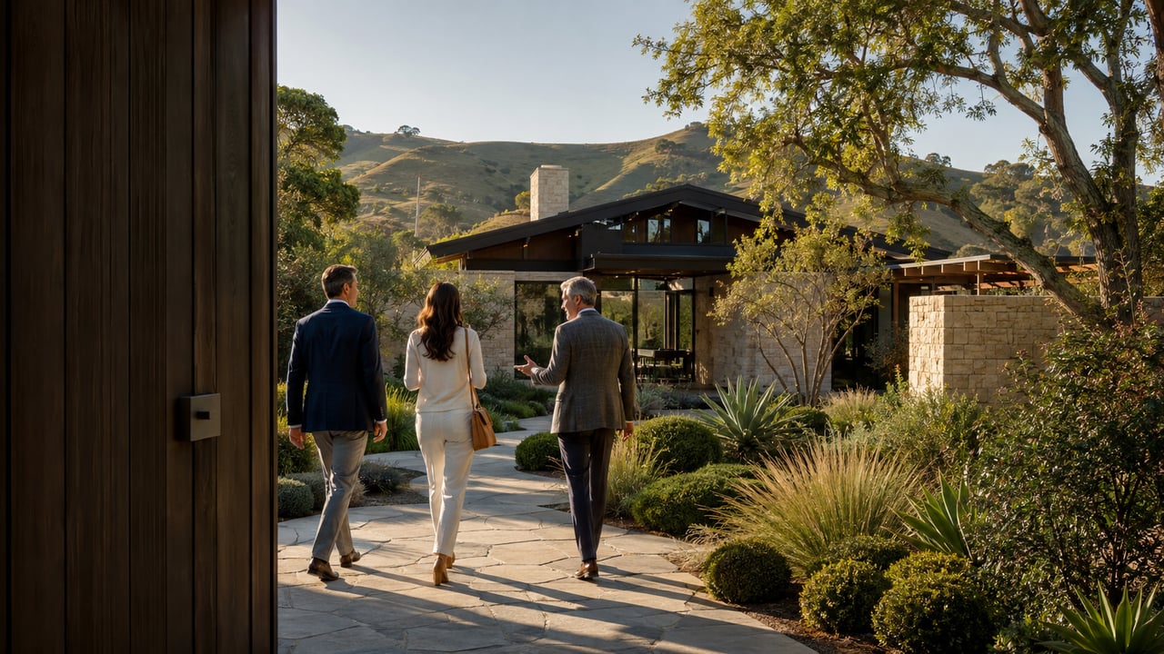 Luxury home buyers and a real estate agent entering a private architectural residence in San Luis Obispo County.
