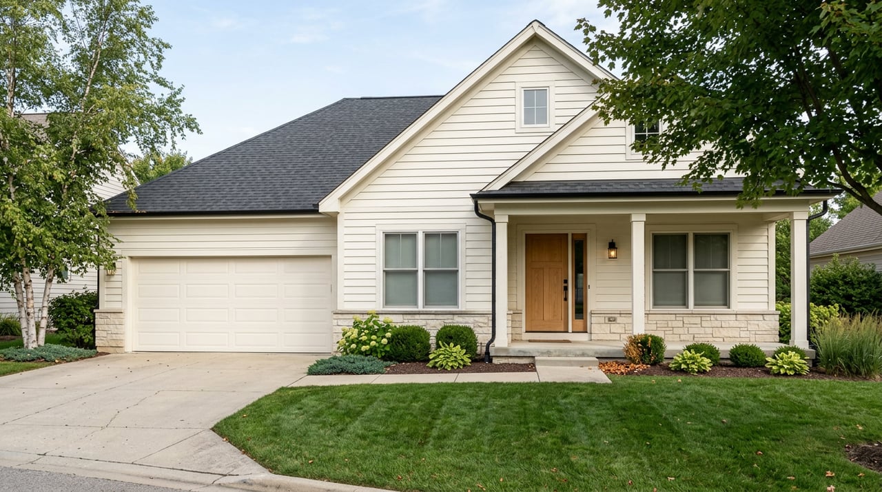 Symmetrical house front facing a driveway and tidy planted yard, with subtle wear.