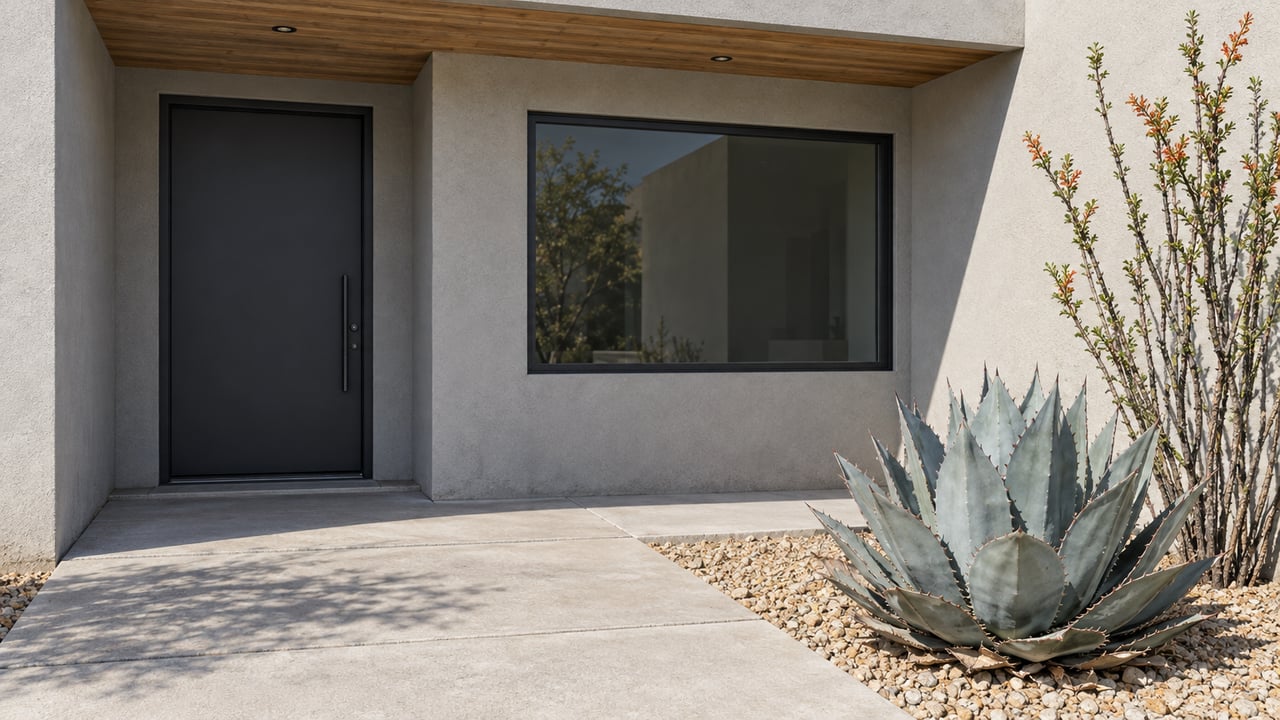 Sunlit gray stucco home with a recessed charcoal entry, wood soffit, concrete approach, and sculptural agave in a gravel bed.