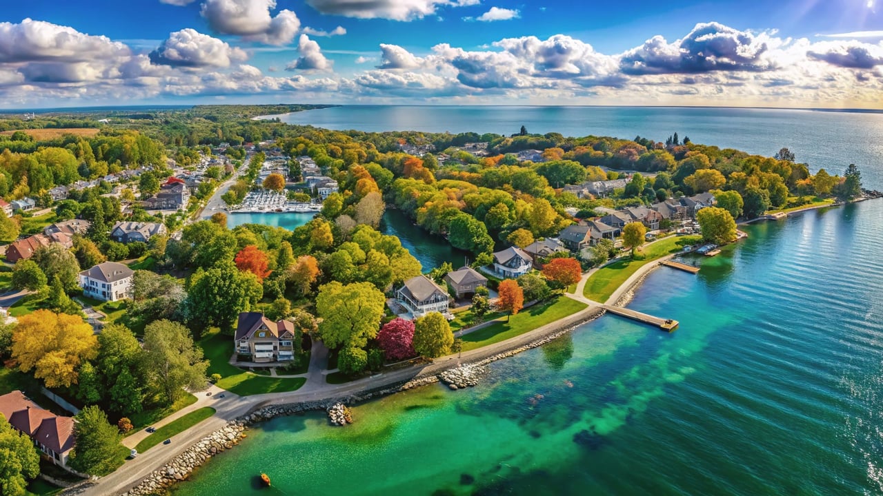 A spectacular aerial photograph showcasing a luxury waterfront residential neighbourhood with mature tree canopies along the shores of Lake Ontario in Oakville, Ontario, representing premier real estate options for families exploring the best neighbourhoods in Oakville