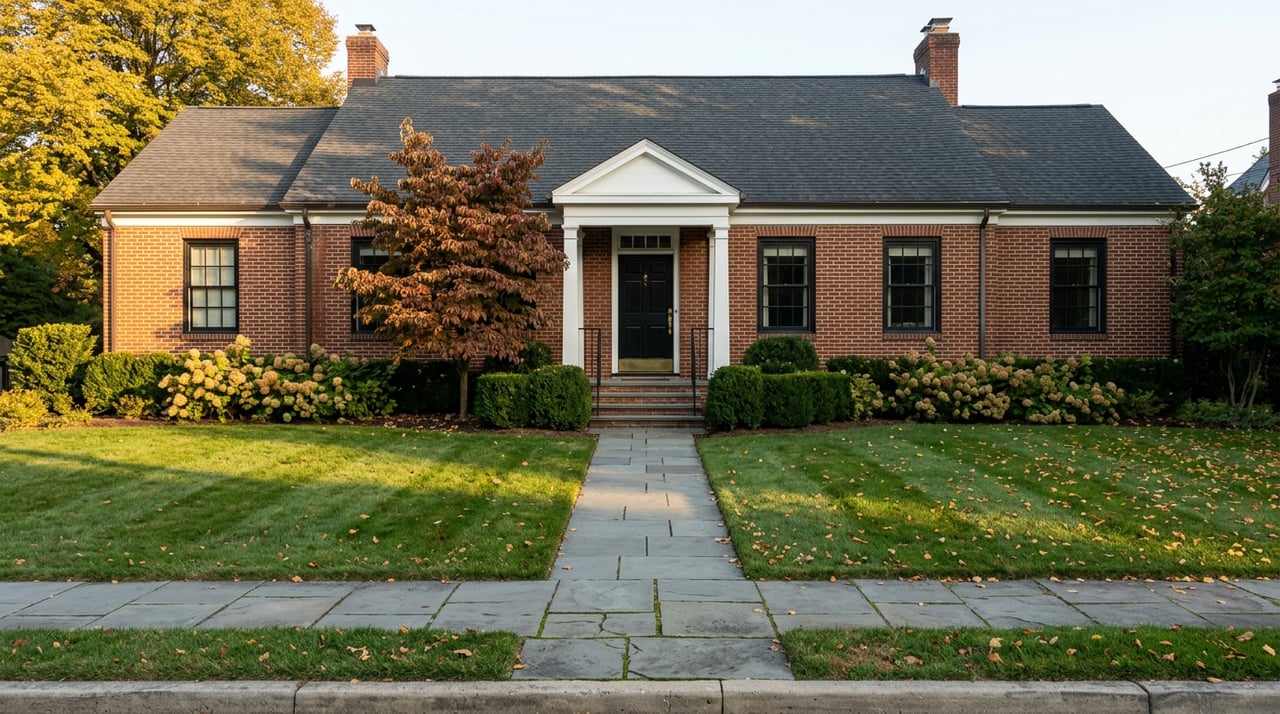 Brick center-hall house with white portico, boxwood-lined walk, autumn dogwood, and golden linden canopy.