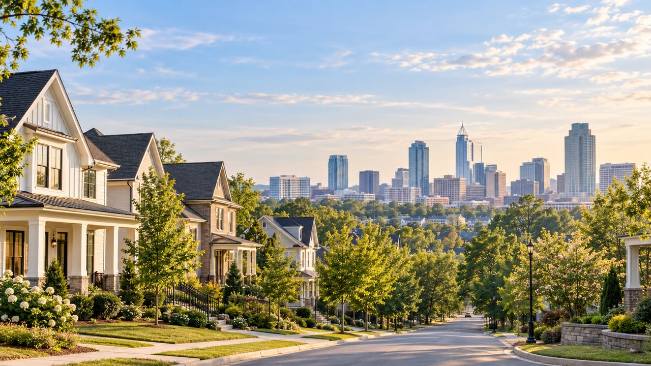 Raleigh NC housing market with upscale Triangle homes and the downtown Raleigh skyline, representing the local real estate market.