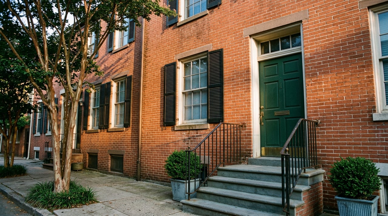 Red-orange brick rowhouse facade with a green paneled door, iron-railed stoop, and crepe myrtle tree.