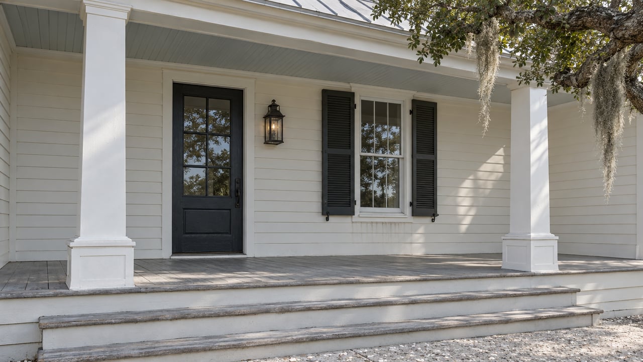 White house front porch with a black door, shuttered window, and broad steps.