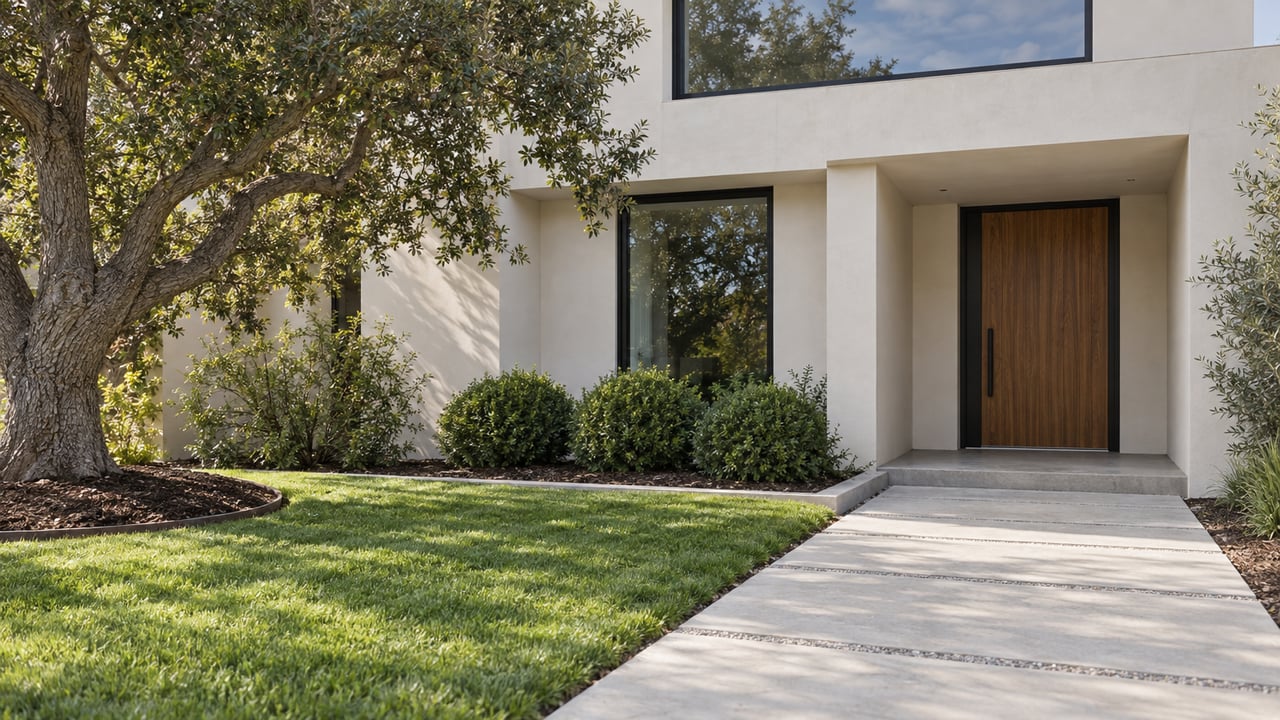 White stucco home with black-framed windows, a recessed walnut entry, pale concrete approach and a lawn beside a mature oak.