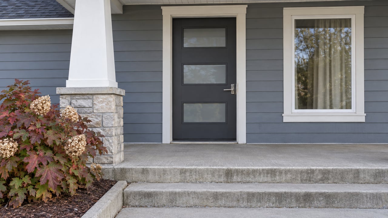 Grey-blue house entry with a charcoal glazed door, tapered porch post, concrete steps and copper-colored oakleaf hydrangea.