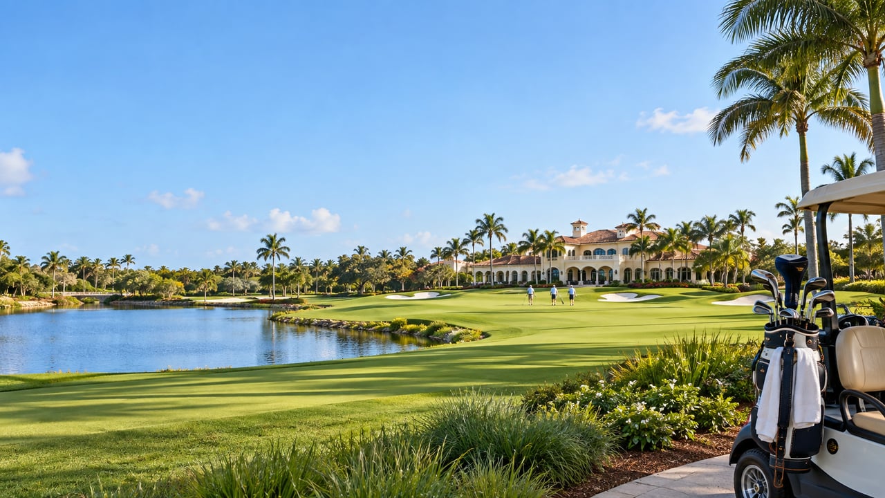 Illustration of a palm-lined golf course, clubhouse, golfers, and golf cart on a sunny Florida morning.