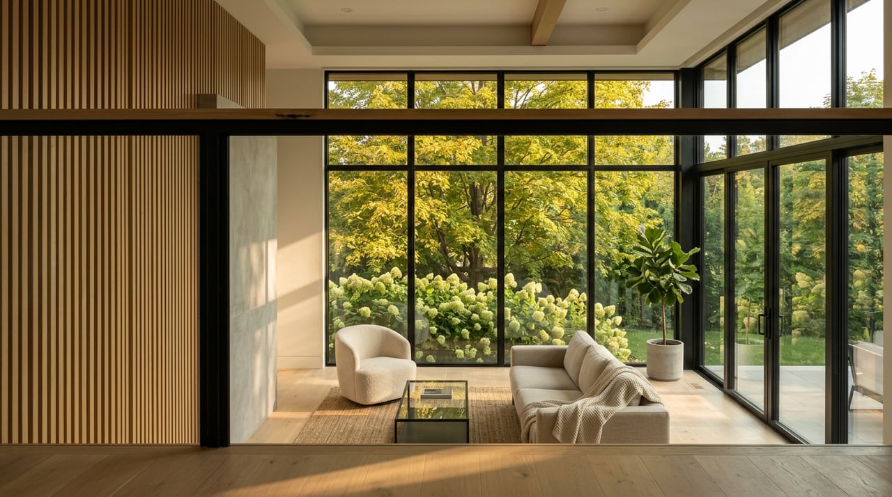 Double-height great room with a mezzanine rail, oak slat wall, and sunlit glass wall backed by foliage.