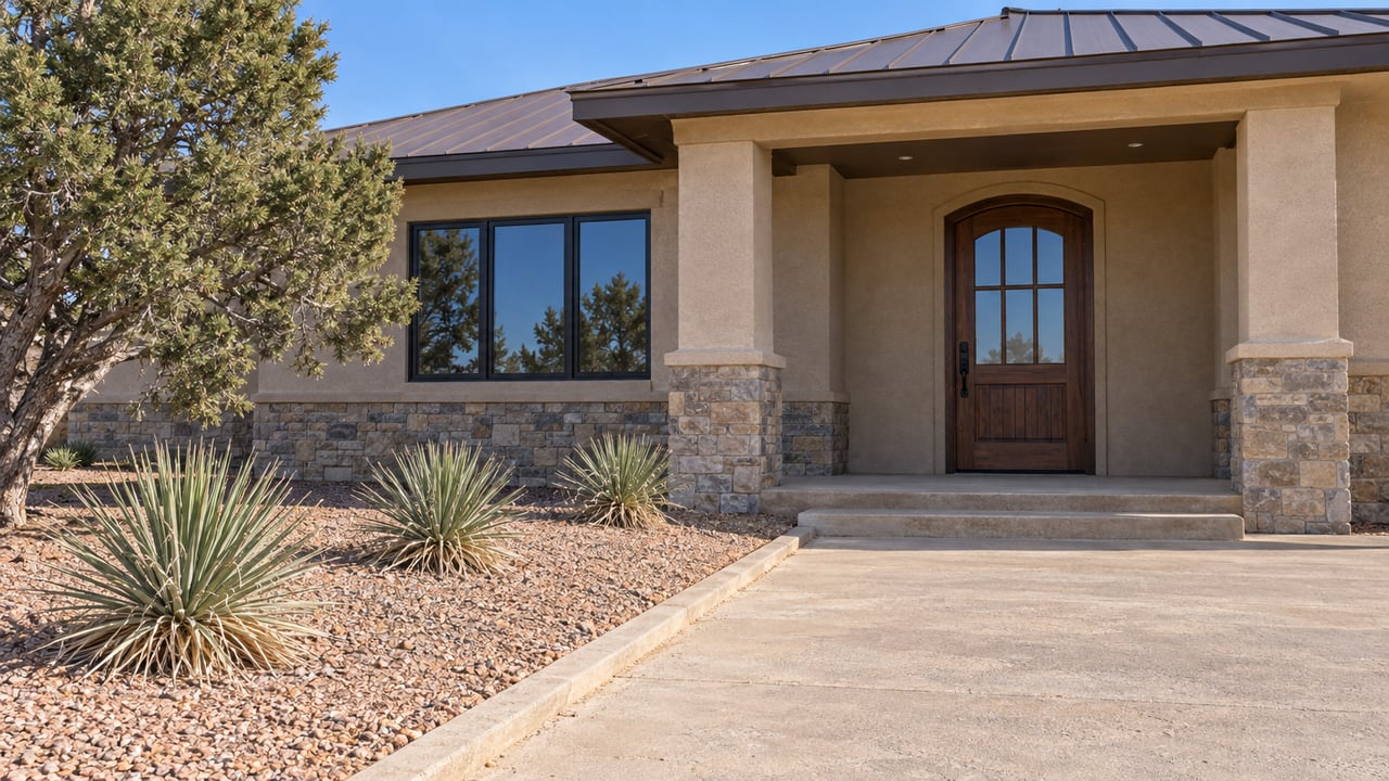 A low stucco home with an arched wood door, black-framed windows, stone porch base, and a gravel garden with pinyon pine and yucca.