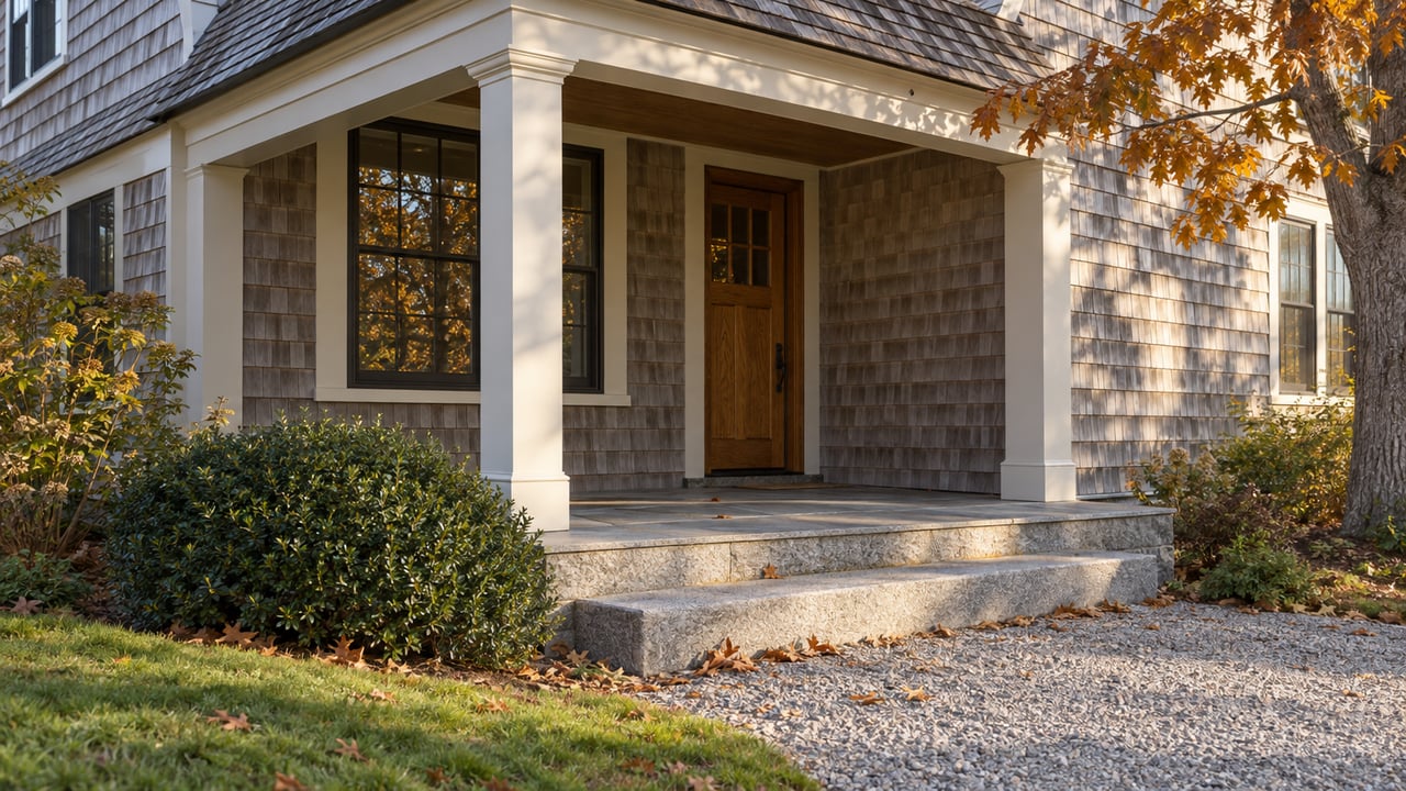 Shingled house porch with an oak door, granite steps, gravel approach, and russet oak leaves.
