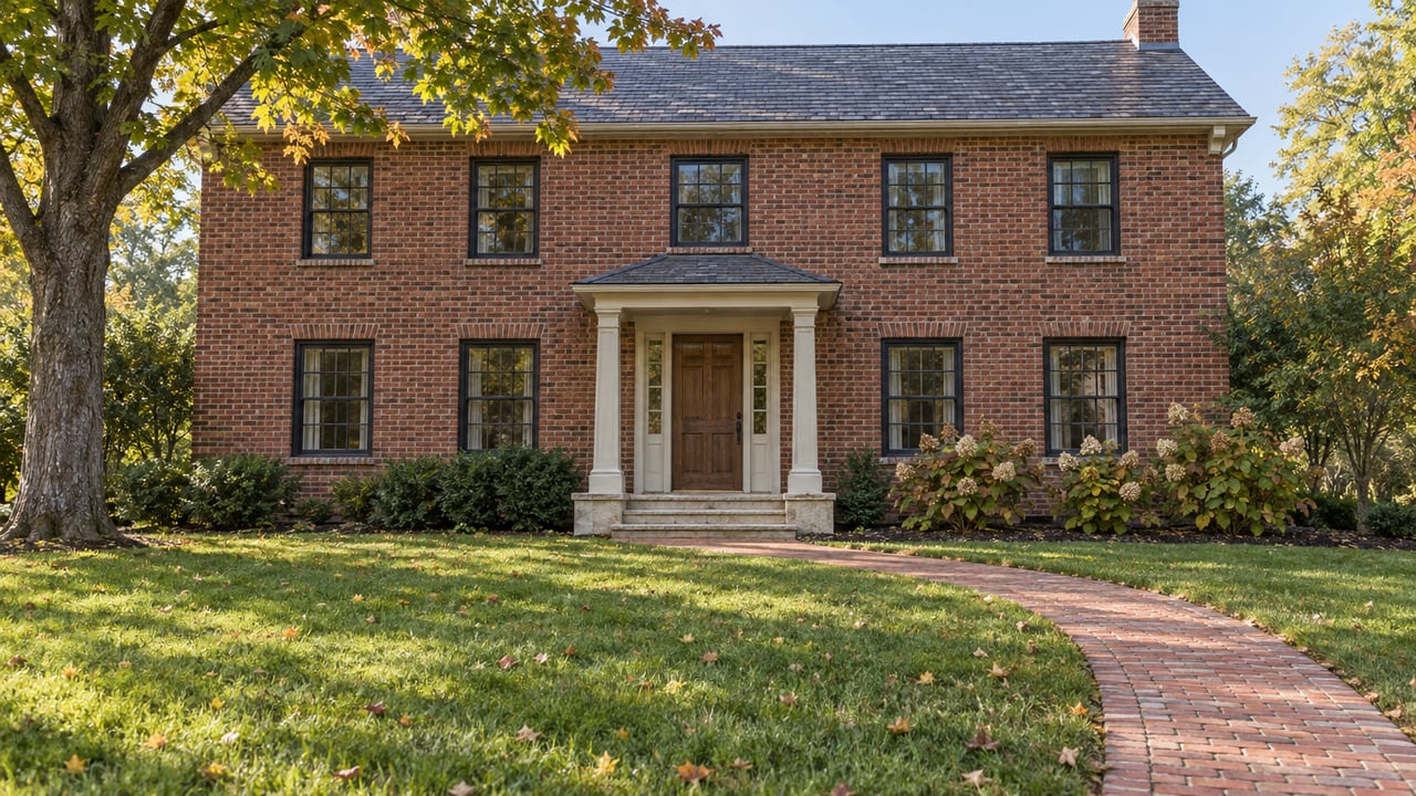 A two-story red-brick home with black divided-light windows and a small columned porch stands behind a deep lawn and curving brick walkway, with a mature maple and oakleaf hydrangeas.