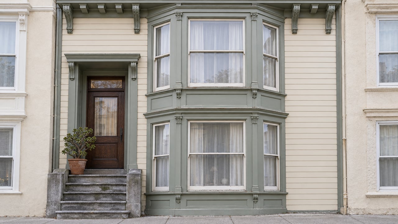 Ivory wood facade with sage-trimmed bay windows, a recessed oak entry and worn stone steps.