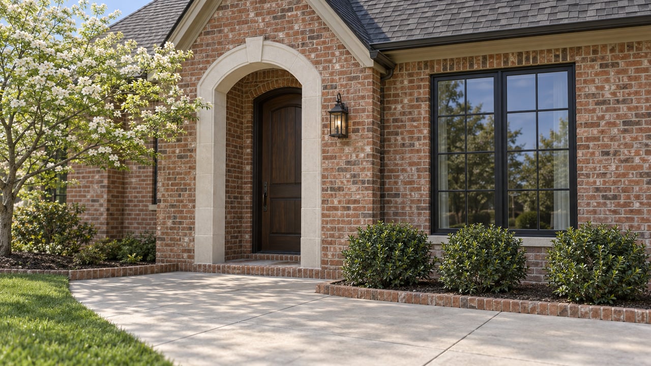 Recessed arched timber door and black-framed window in a red-brown brick facade