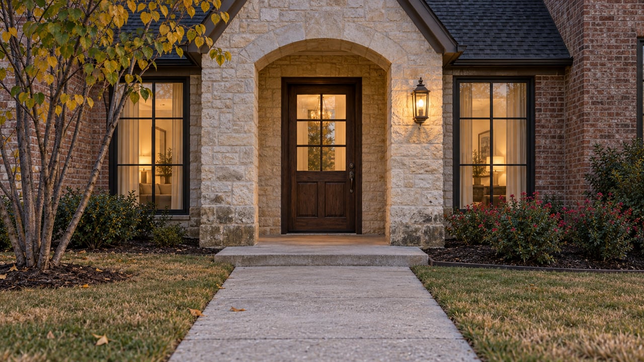 A brick home's limestone arched entry glows at blue hour above a concrete walk, with autumn lawn and yellow redbud leaves.