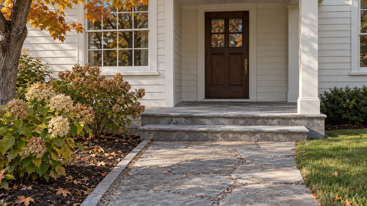 Ivory clapboard home with a glazed oak front door, weathered limestone steps, and autumn maple foliage beside a stone approach.