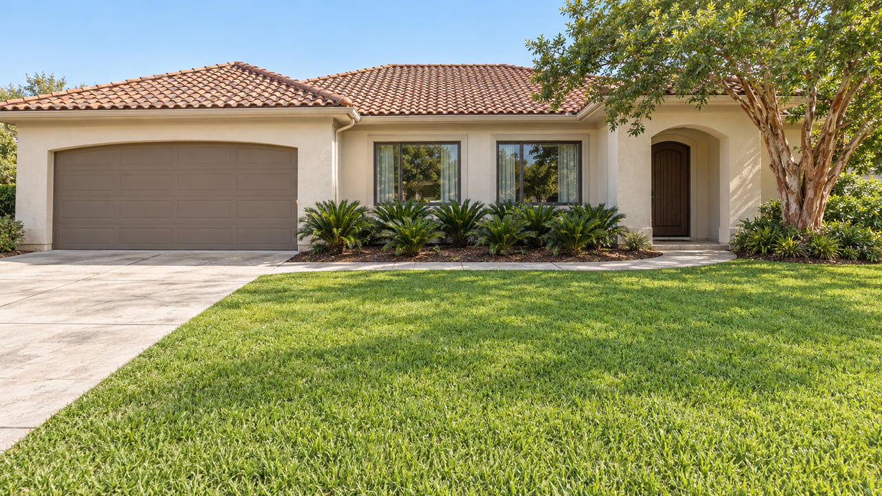 Sunlit ivory stucco home with a terracotta tile roof, deep front lawn, and a shaded arched entrance beside a copper-barked tree.