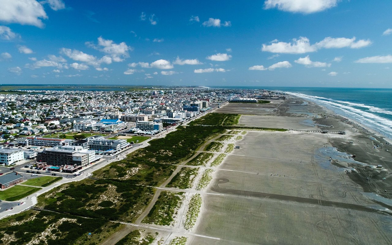 Aerial view of Wildwood Crest’s beachfront, with coastal buildings, dunes, and a broad sandy shore.