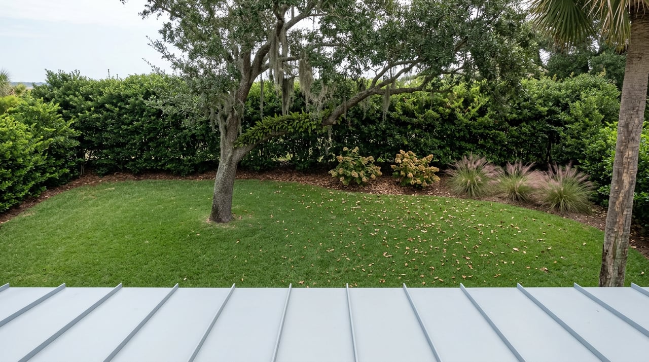 Standing-seam metal roof overlooks a green side yard with a live oak draped in Spanish moss.